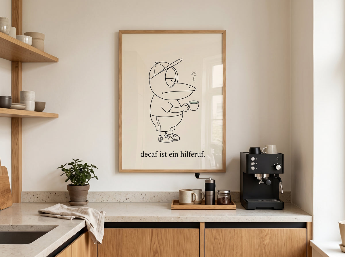 Poster ERFI – Decaf ist ein Hilferuf | Minimalistische Kaffee-Illustration